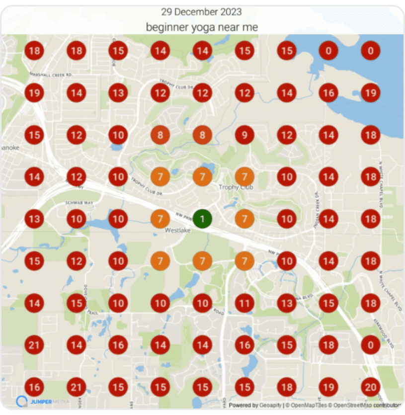 Google Maps Local Rank Heatmap Before Elevayo: mostly red circles showing poor local visibility
