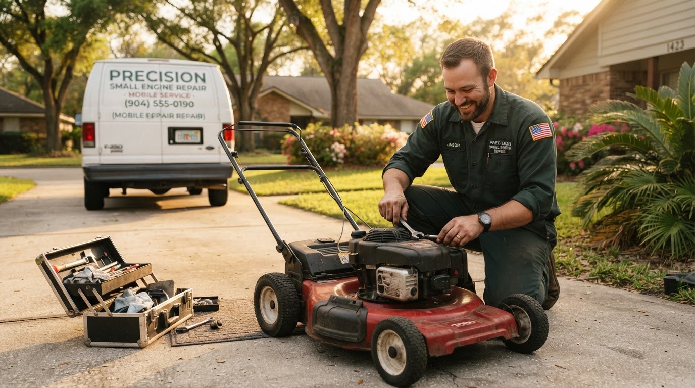 Dave's mobile small-engine repair technician servicing a lawn mower on a Jacksonville driveway