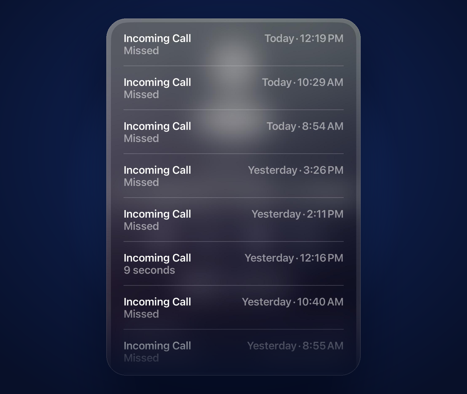 Repeated incoming missed calls call log history