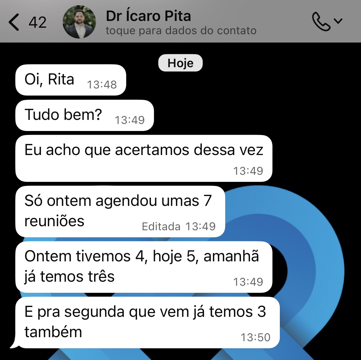 Agenda lotada dia após dia: 4 reuniões ontem, 5 hoje e semanas seguintes preenchidas.