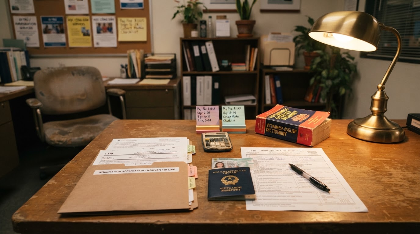 An immigration paperwork desk with a USCIS folder, passport, green card, and a Vietnamese-English dictionary
