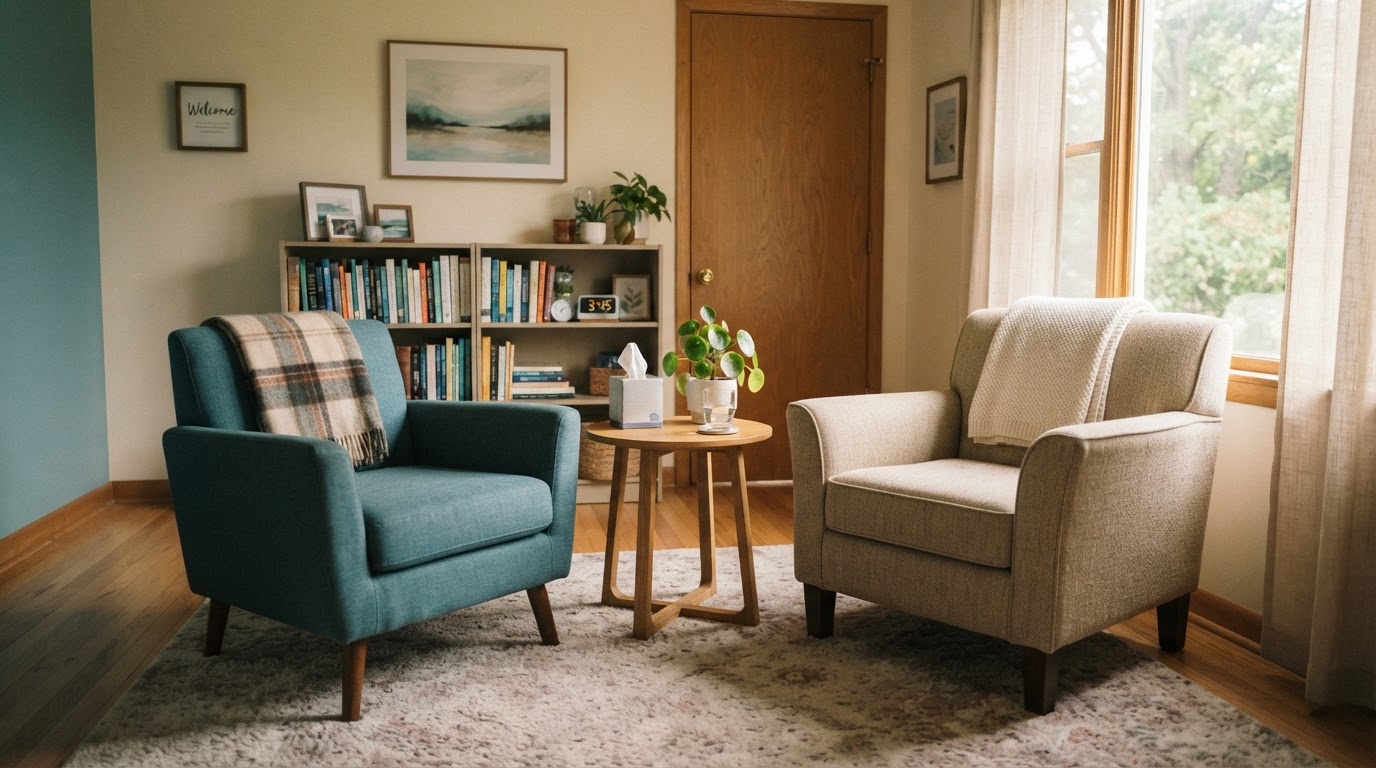 A calm counseling room with two armchairs, a water table, and a plant by the window