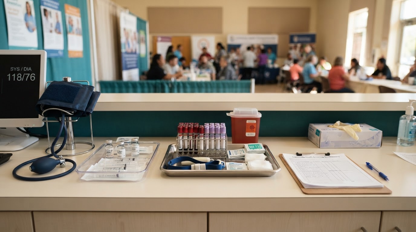 A health screening station with blood vials, a blood pressure cuff, and vaccine vials on a clean tray
