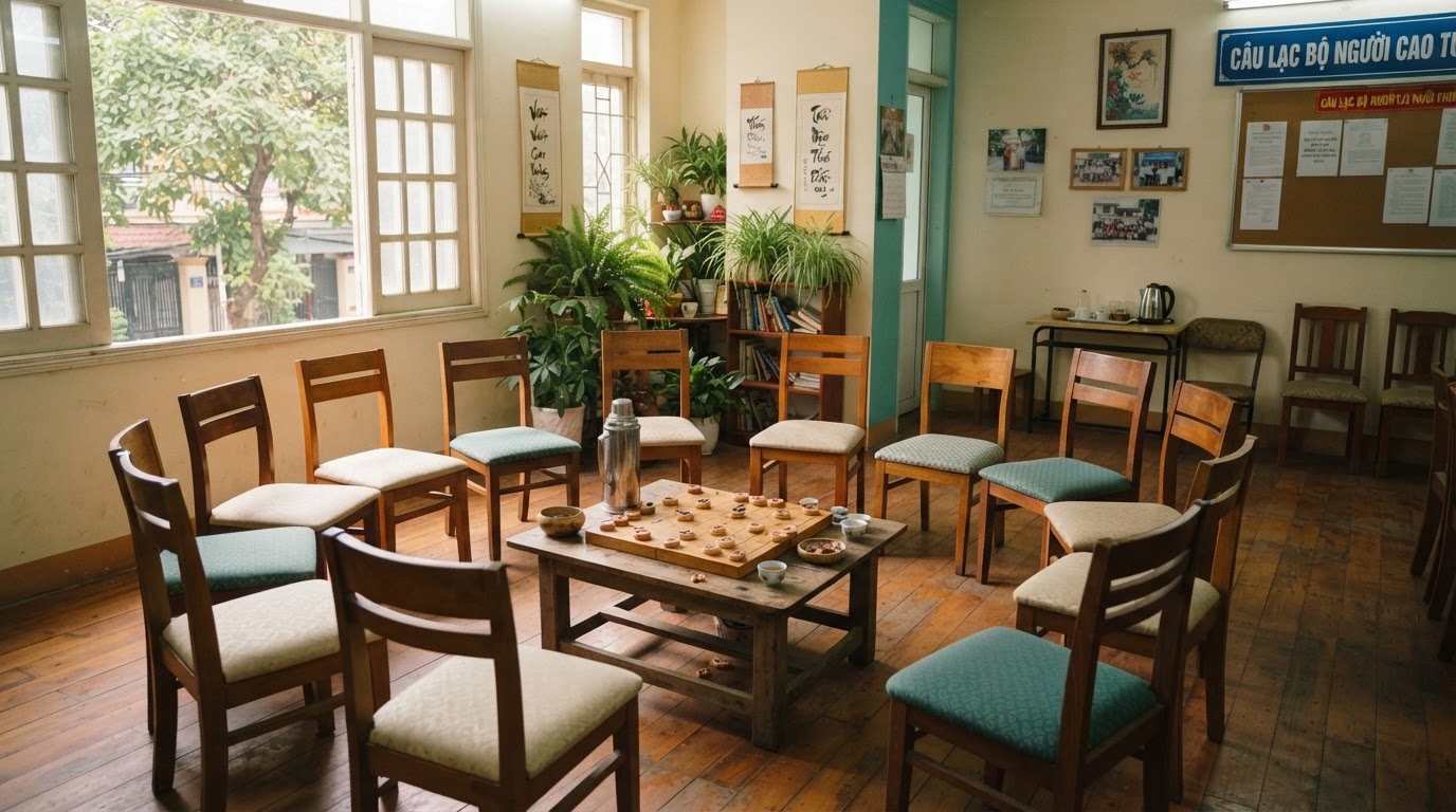 A senior club room with a Chinese chess board, a tea thermos, and chairs arranged near a window