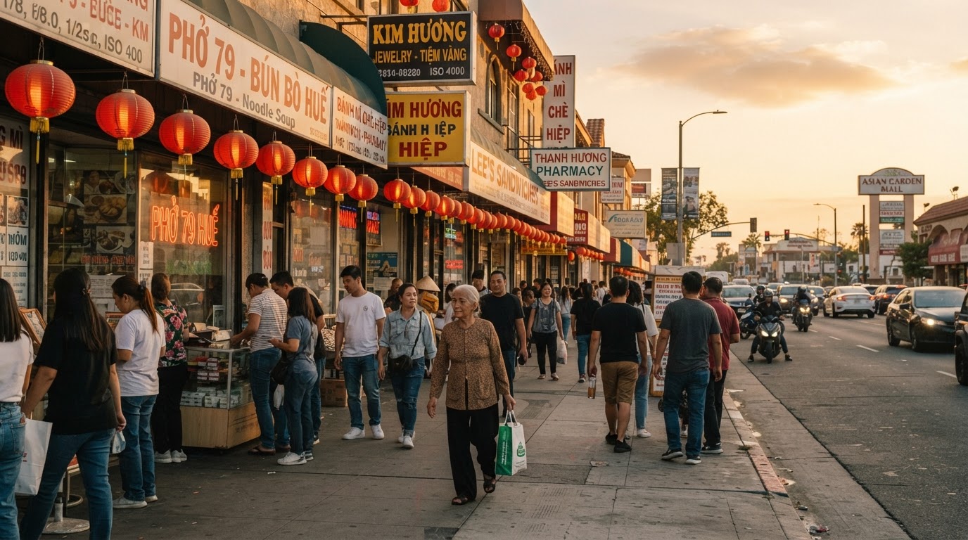 Little Saigon street scene, the Vietnamese community gathered