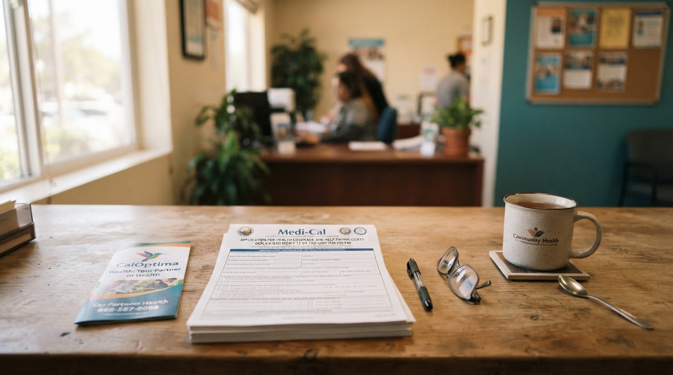 An enrollment desk with Vietnamese Medi-Cal forms, CalOptima brochures, a pen and tea on a wooden table