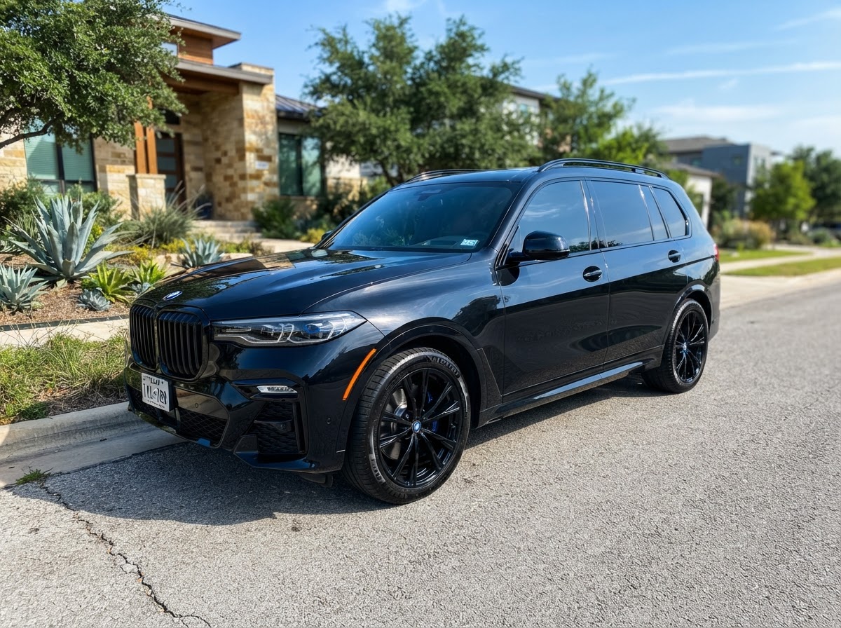 Dark SUV with ceramic tinted windows parked in bright daylight