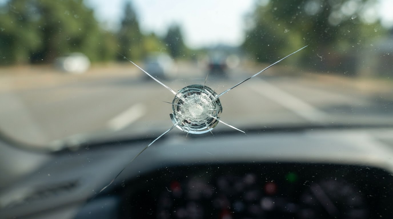Close-up of a small rock chip and crack on a car windshield