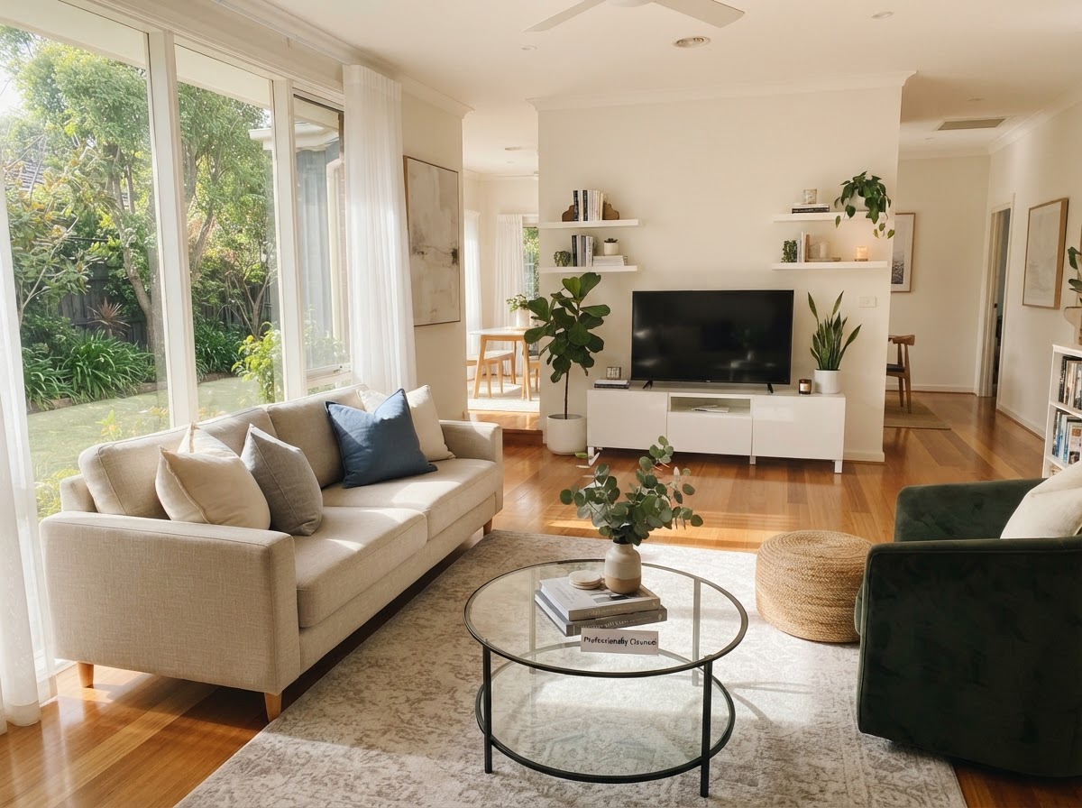 A freshly cleaned, sunlit living room with spotless surfaces
