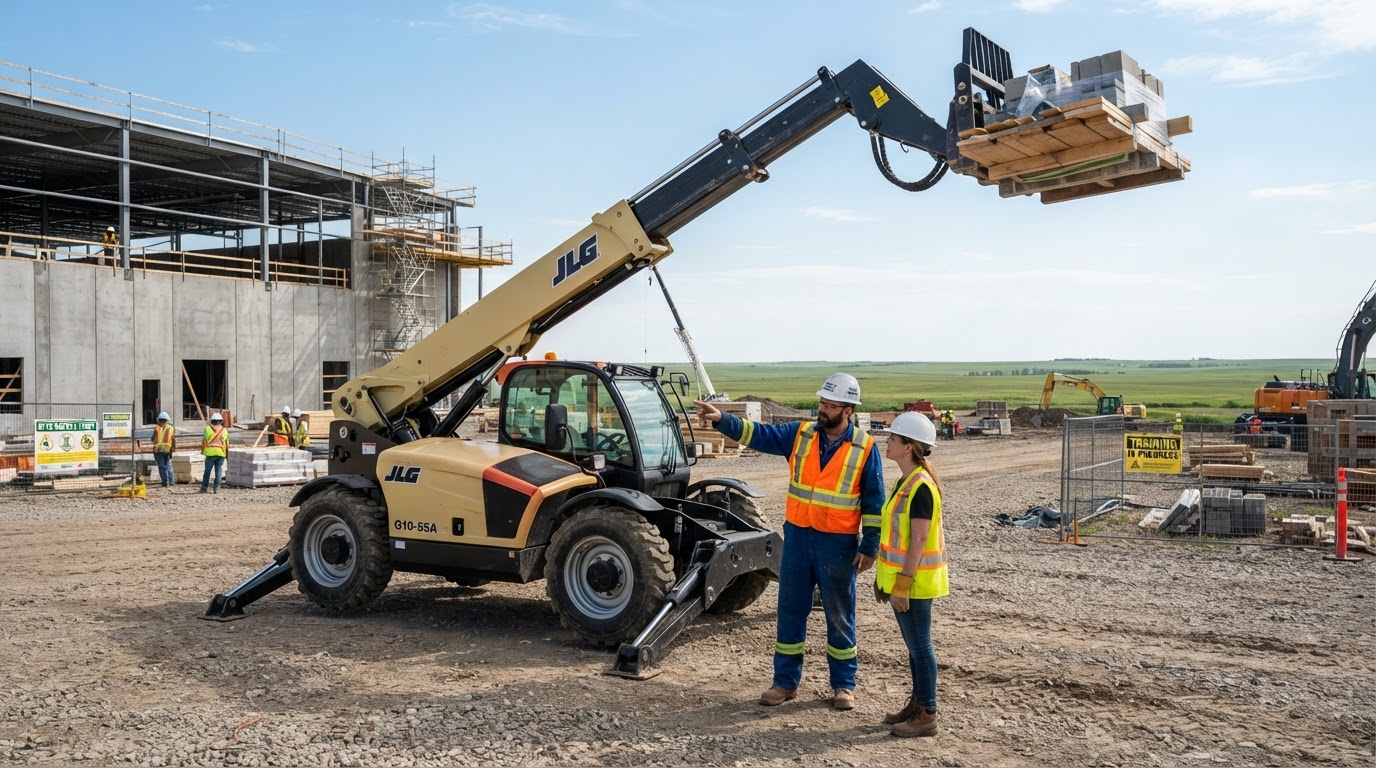 Telehandler telescopic handler operator safety training on a Saskatchewan construction worksite with a Duane Gwilliam Training instructor