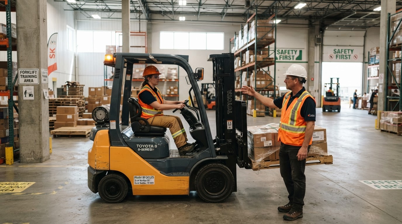 Forklift operator safety training in a Saskatchewan warehouse with a Duane Gwilliam Training instructor