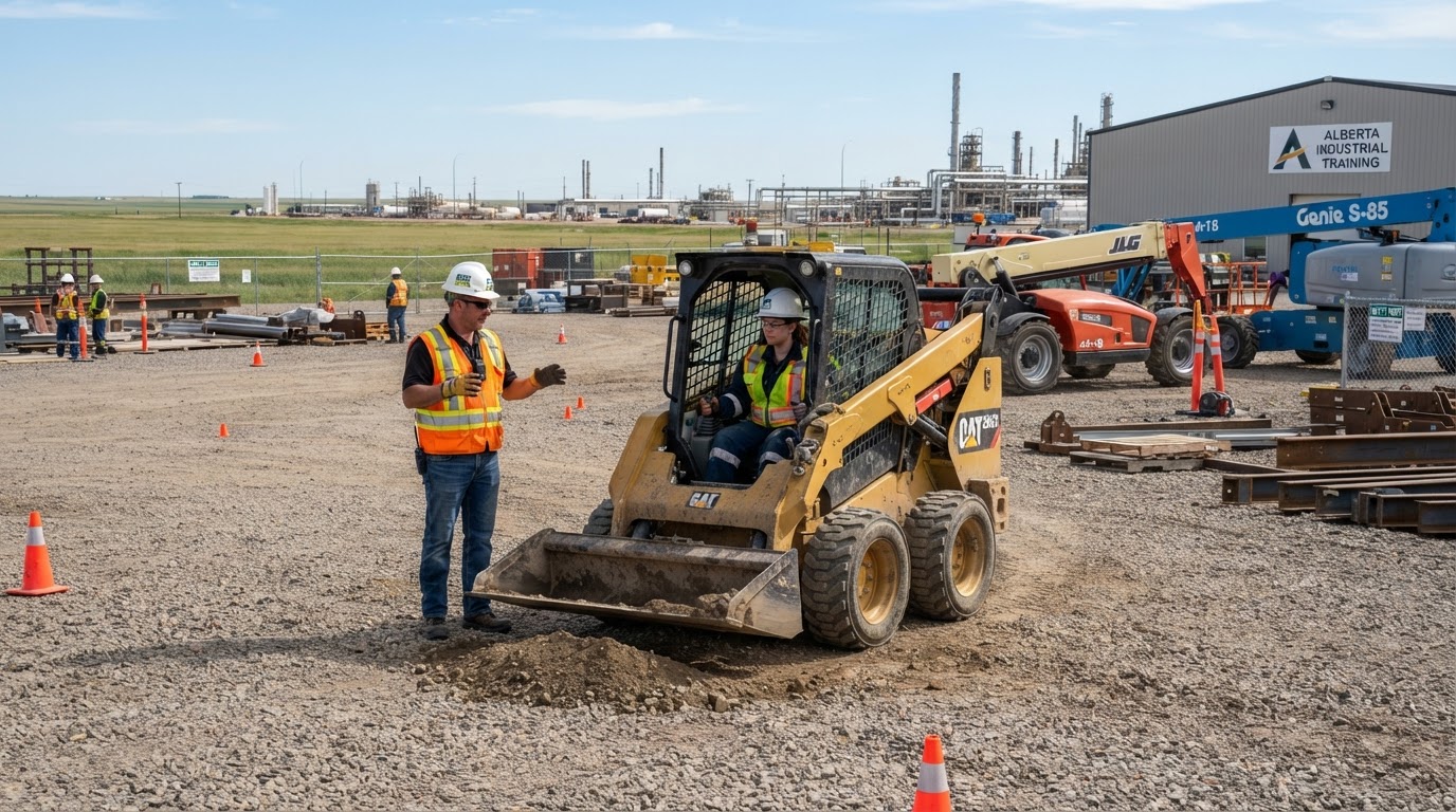Powered mobile equipment operator safety training on an Alberta industrial worksite with a Duane Gwilliam Training instructor