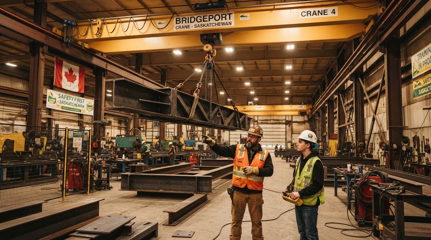 Overhead bridge crane operator safety training in a Saskatchewan manufacturing facility with a Duane Gwilliam Training instructor
