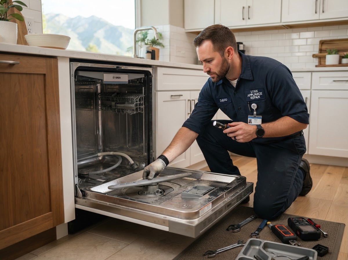 Repair technician fixing a built-in stainless steel dishwasher in a Herriman, UT kitchen