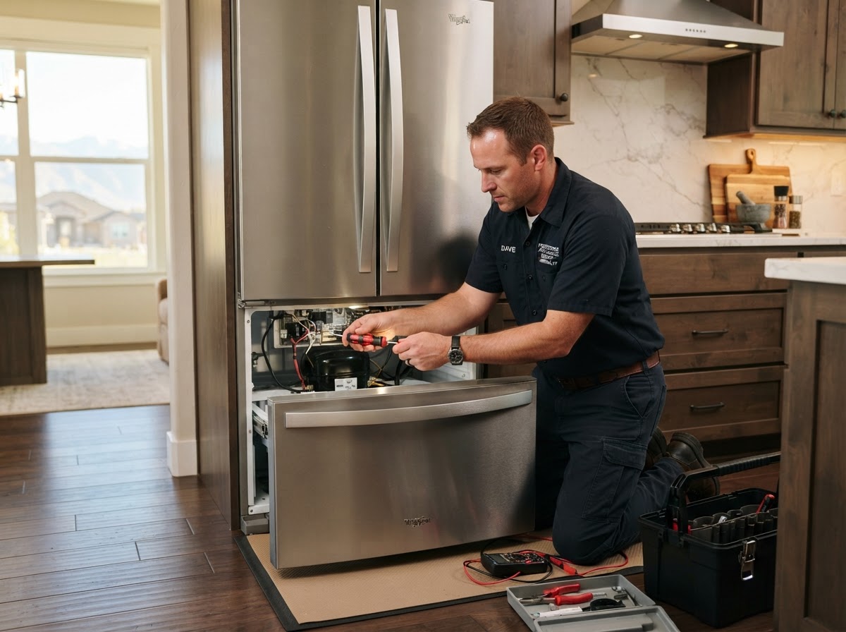 Appliance technician repairing a stainless steel refrigerator in a Herriman, UT kitchen
