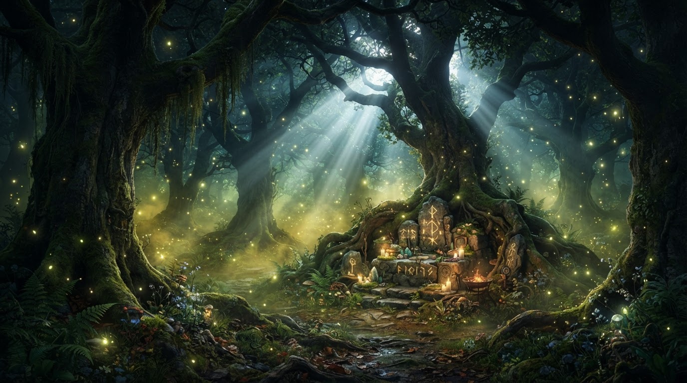 Ancient dark forest altar and glowing trees