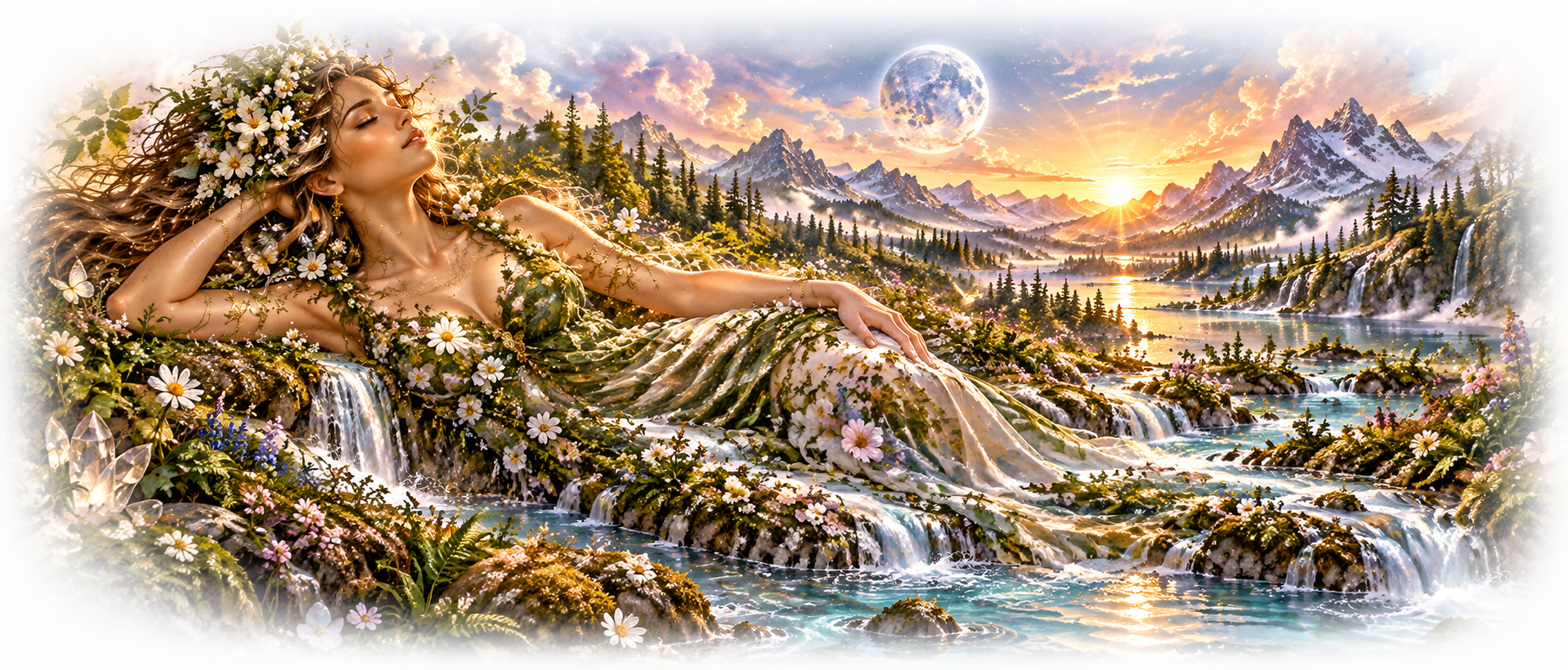 Reclining Gaia earth goddess resting by cascading mountain waterfalls under full moon and golden sunset