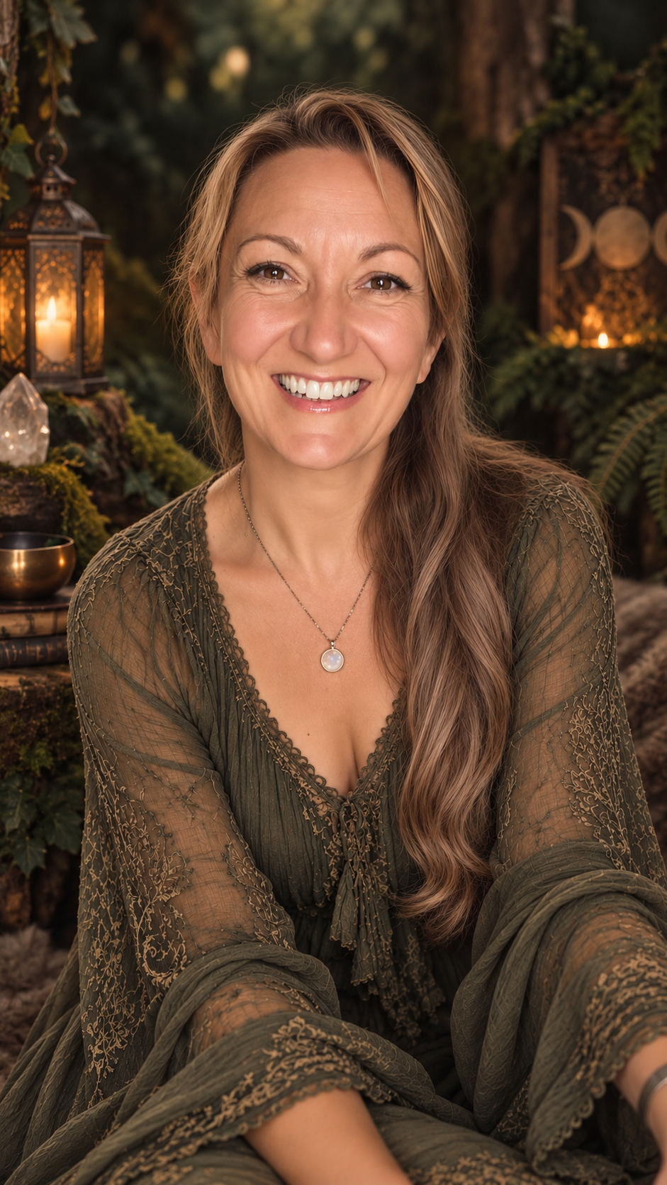 Connie Lynn Parker smiling warmly in the candlelit dark forest sanctuary