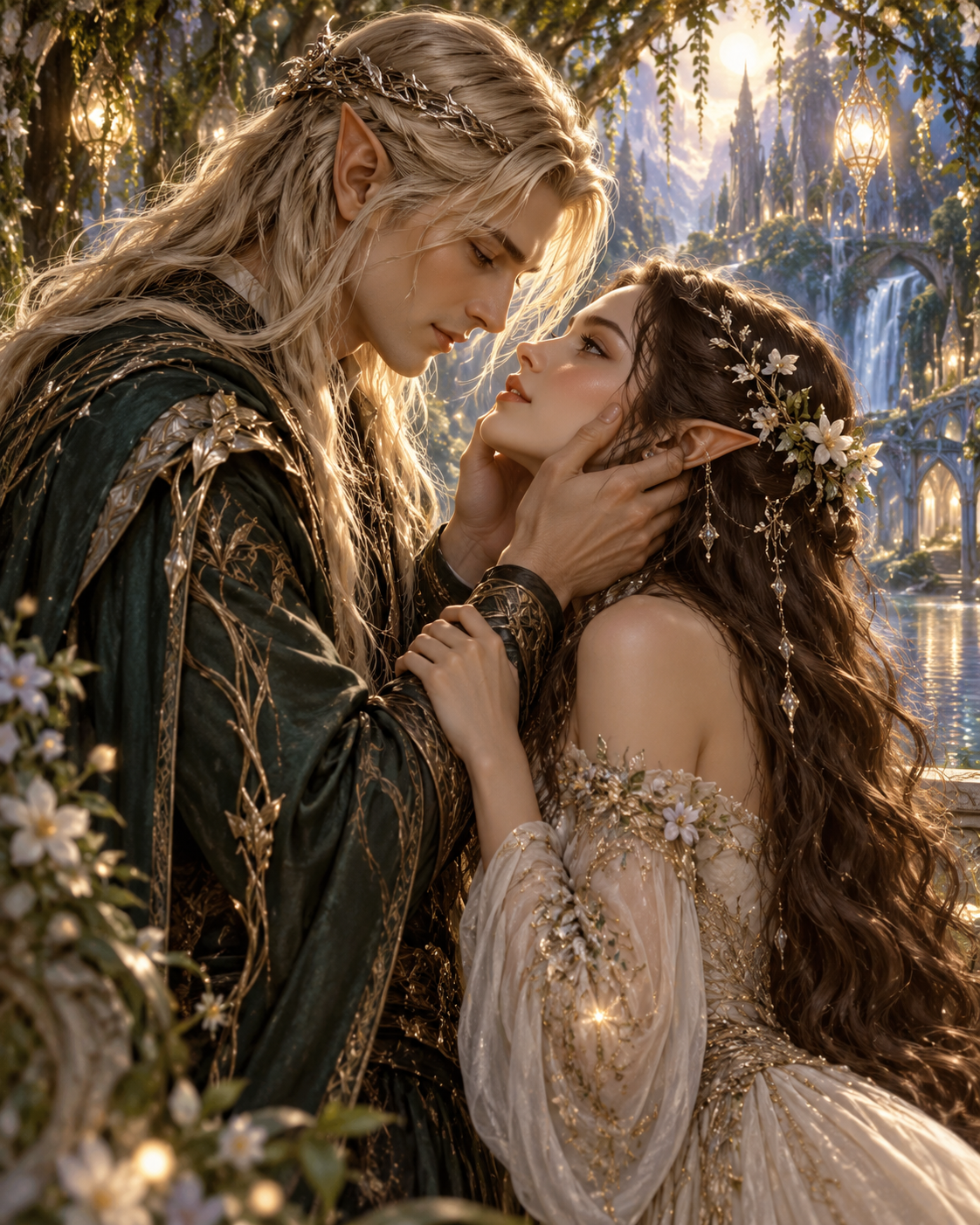 An ethereal tender embrace between two soul companions in a sacred enchanted forest sanctuary