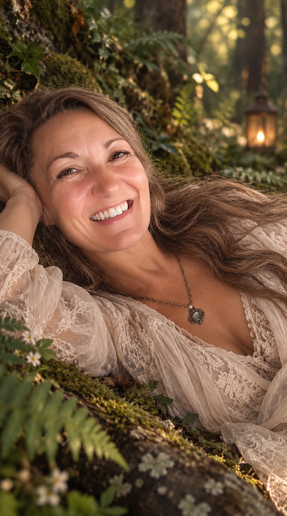 Connie Lynn Parker smiling peacefully in the mossy dark forest