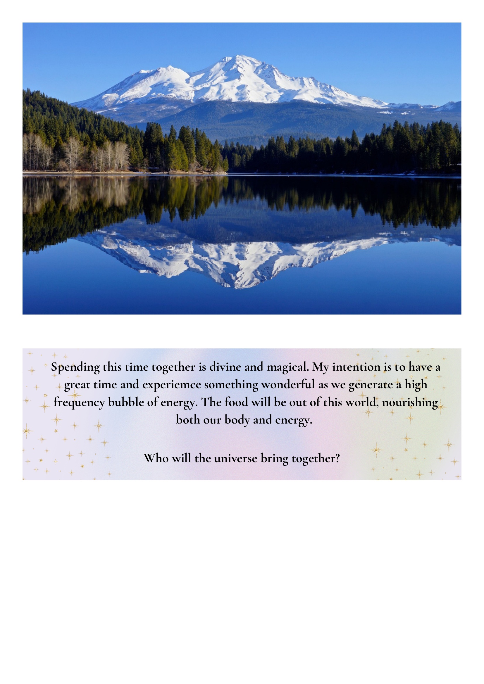 Snow-capped Mount Shasta reflected peacefully in mirror-calm lake