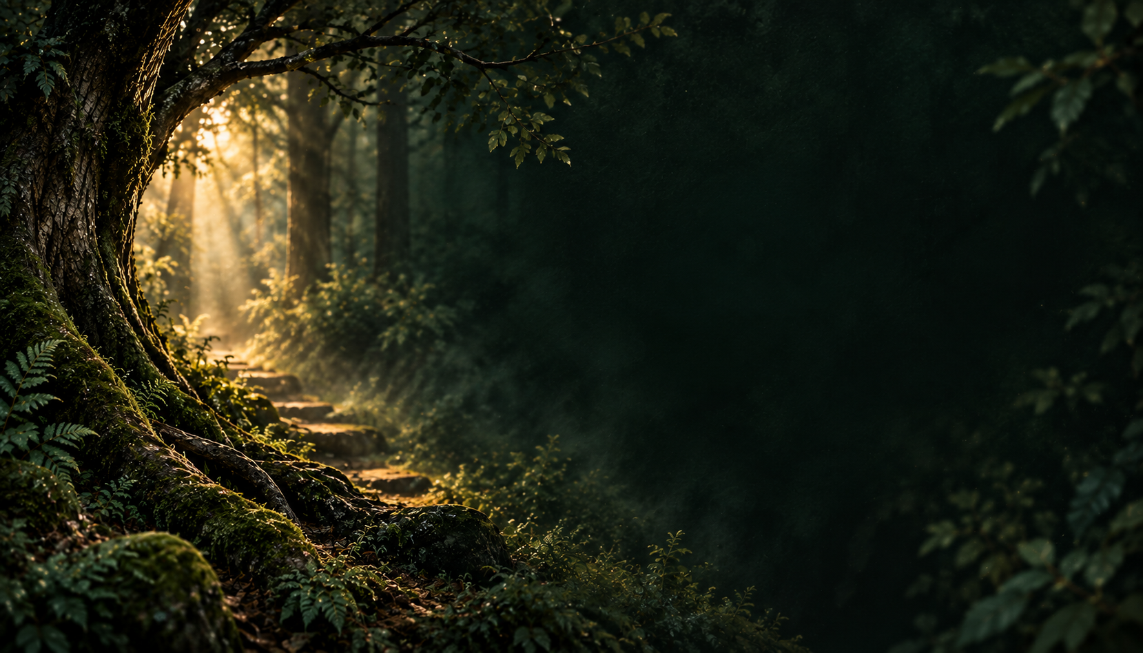 Ancient mossy forest stairs bathed in celestial golden light