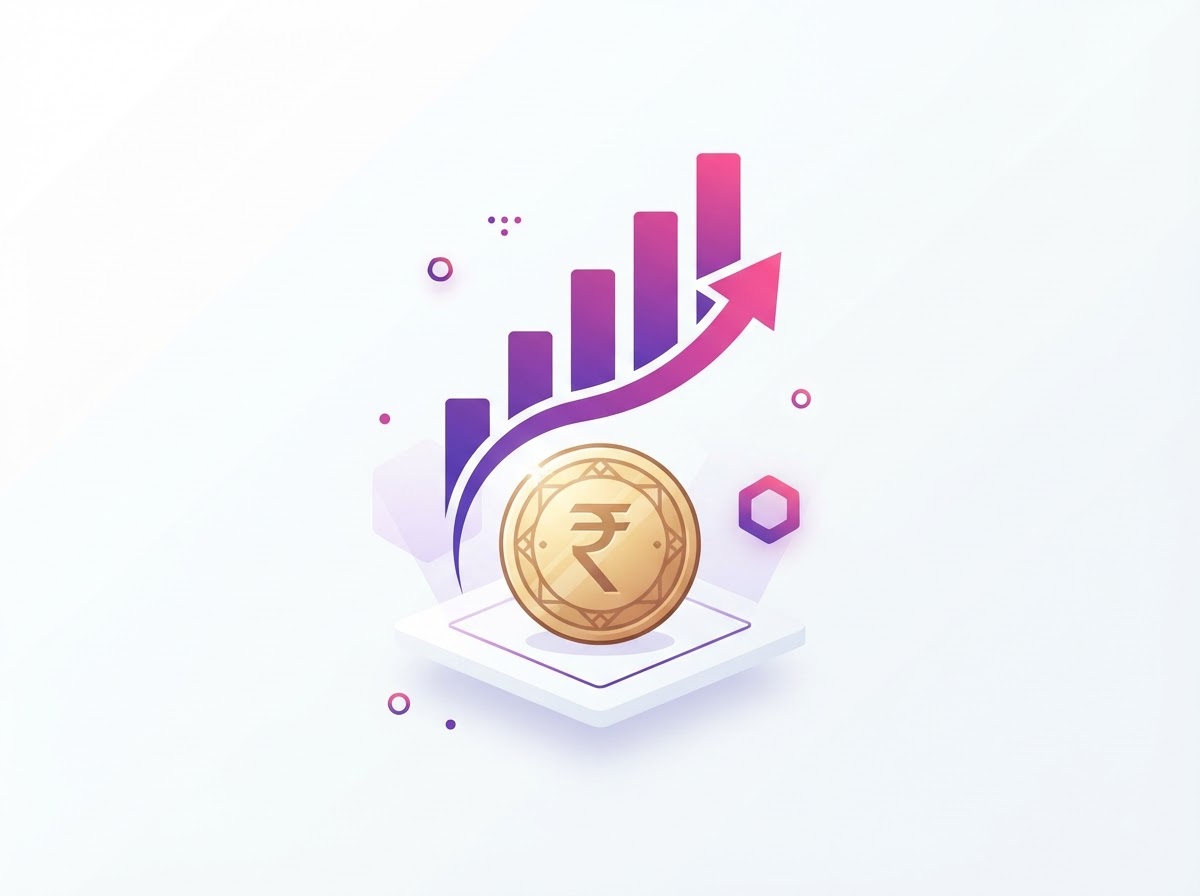 Conceptual illustration of a rupee coin with a small upward arrow and bar chart