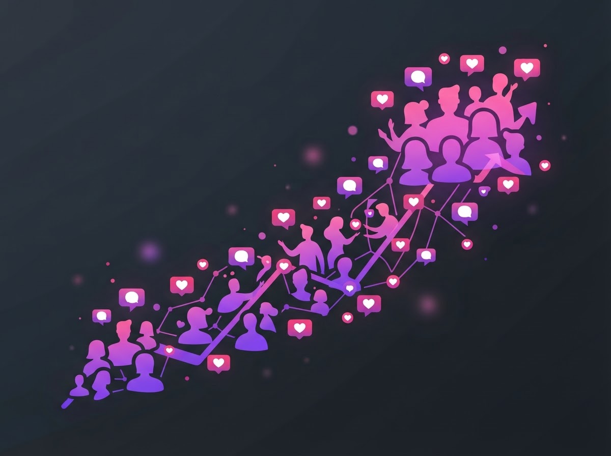 Conceptual illustration of a growing engaged community with an upward trend