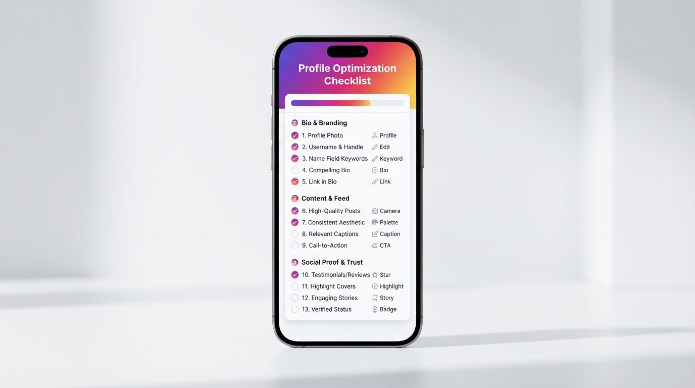 Smartphone mockup of the Profile Optimization Checklist covering bio, positioning, content and proof
