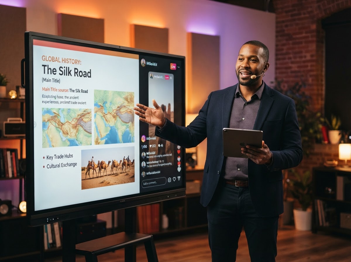 A male educator presenting lesson slides and an Instagram reel on a large display screen, holding a tablet, warm orange and purple ambient gradient light