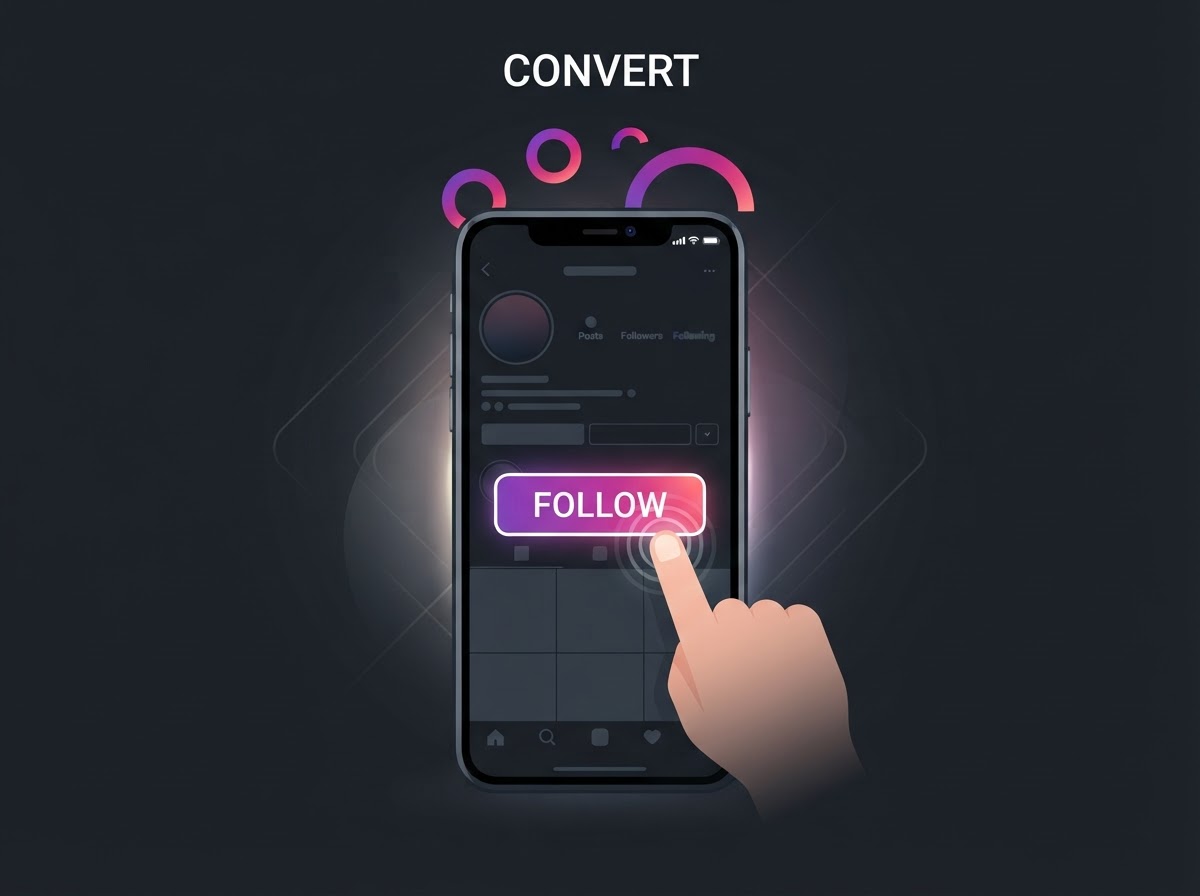 Conceptual illustration of a follow button being tapped on an Instagram profile