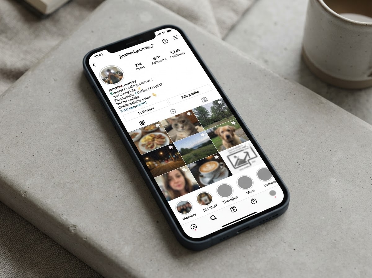 A conceptual Instagram profile mockup showing a messy, confusing bio and random content grid with no clear positioning