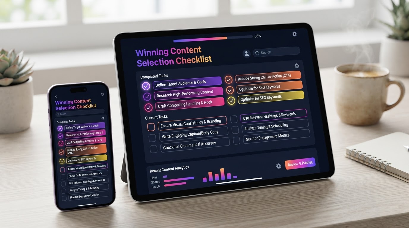 Tablet mockup of the Winning Content Selection Checklist with checkmark rows and Instagram-gradient accents