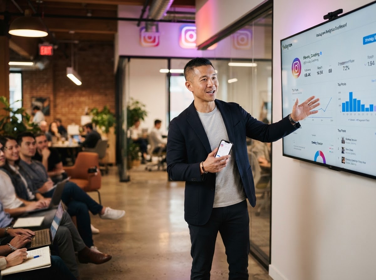 A professional male business coach in a modern office presenting Instagram profile analytics on a wall-mounted screen, holding a smartphone, with subtle Instagram-gradient light accents