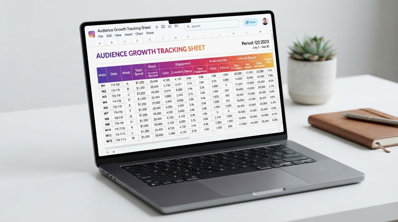 Laptop mockup of the Audience Growth Tracking Sheet with spend, reach, engagement and growth columns