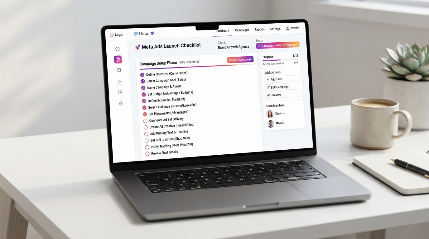 Laptop mockup of the Meta Ads Launch Checklist showing campaign setup steps