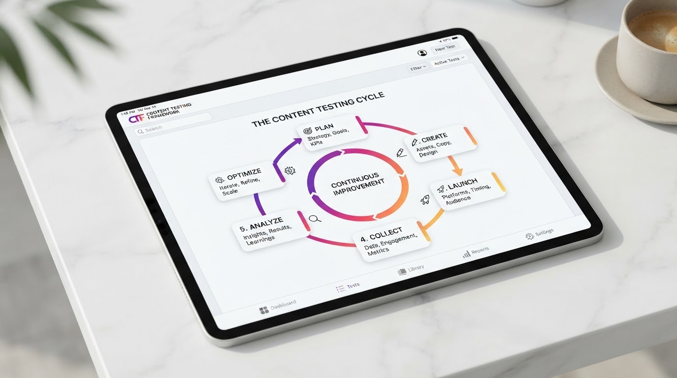 Tablet mockup of the Content Testing Framework showing a test-learn-optimize cycle