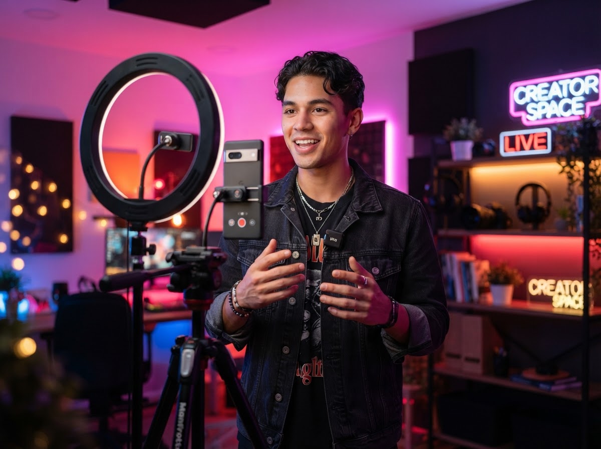 A male content creator filming a vertical reel with a smartphone, tripod and ring light, vibrant gradient lighting