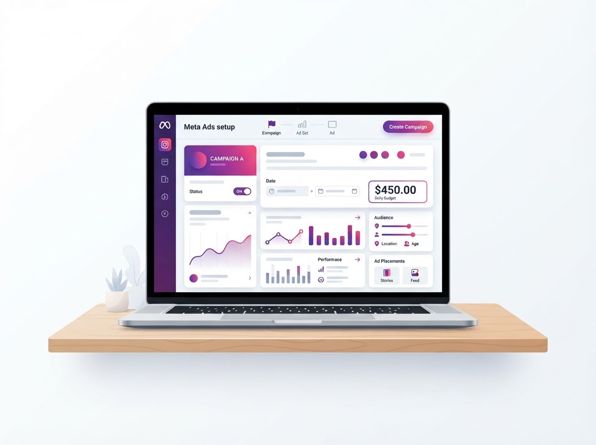 Conceptual illustration of a Meta Ads Manager campaign dashboard on a laptop