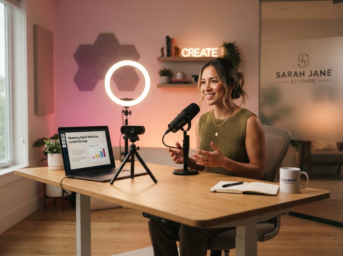 A course creator recording educational content at a desk with a ring light and laptop