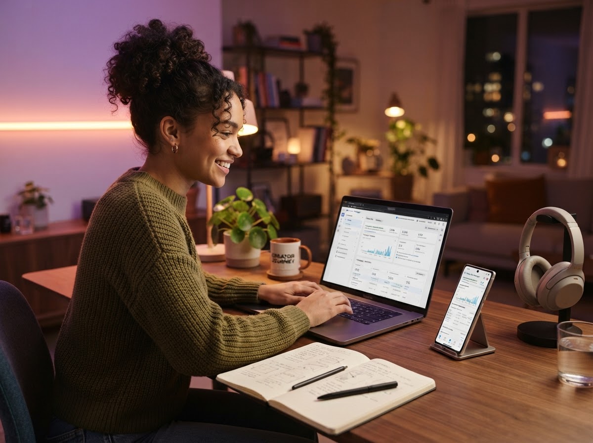 A young aspiring creator learning at a desk with laptop and smartphone showing a Meta Ads dashboard