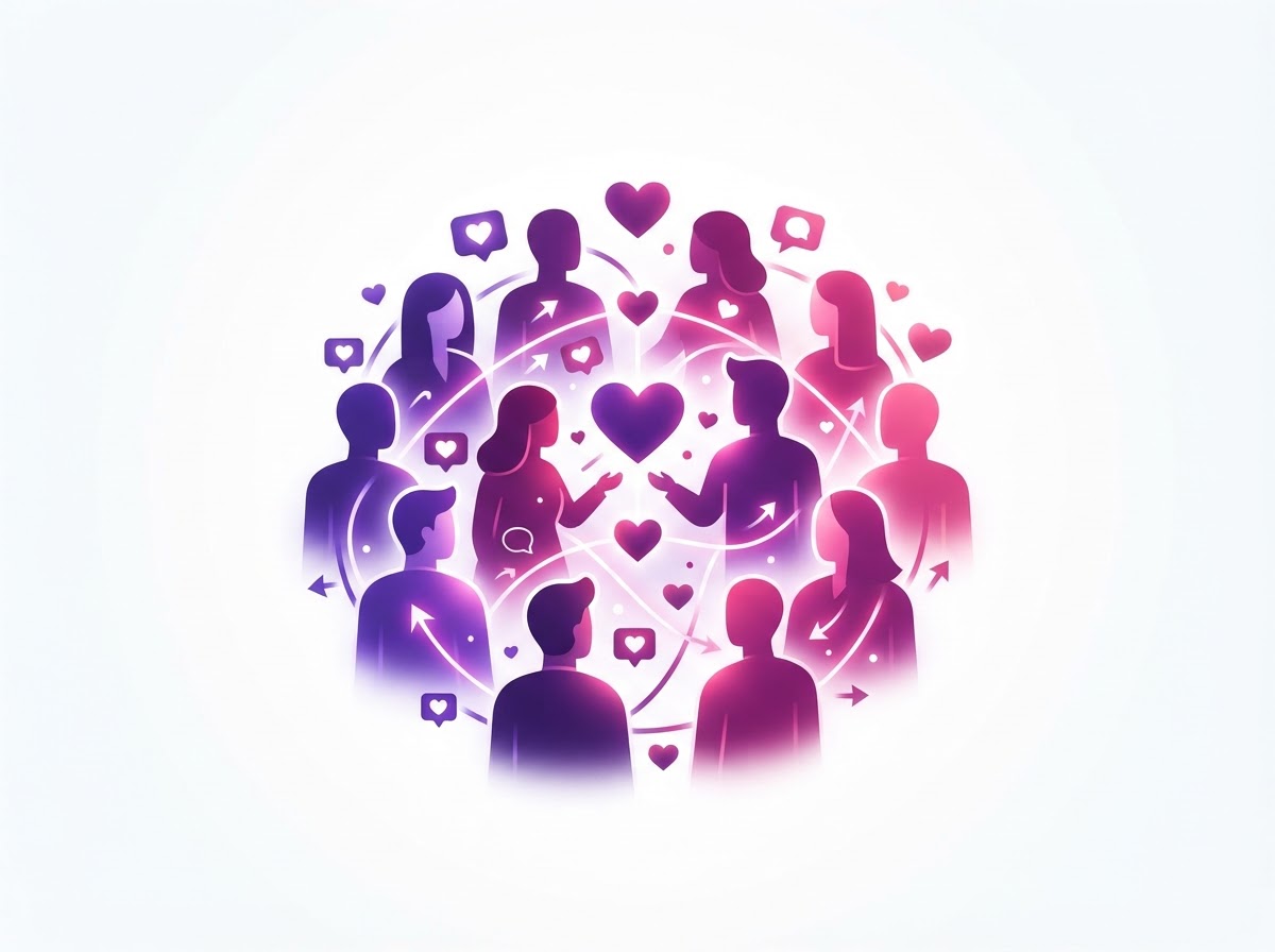 Conceptual illustration of a tight, engaged audience connected with glowing engagement signals