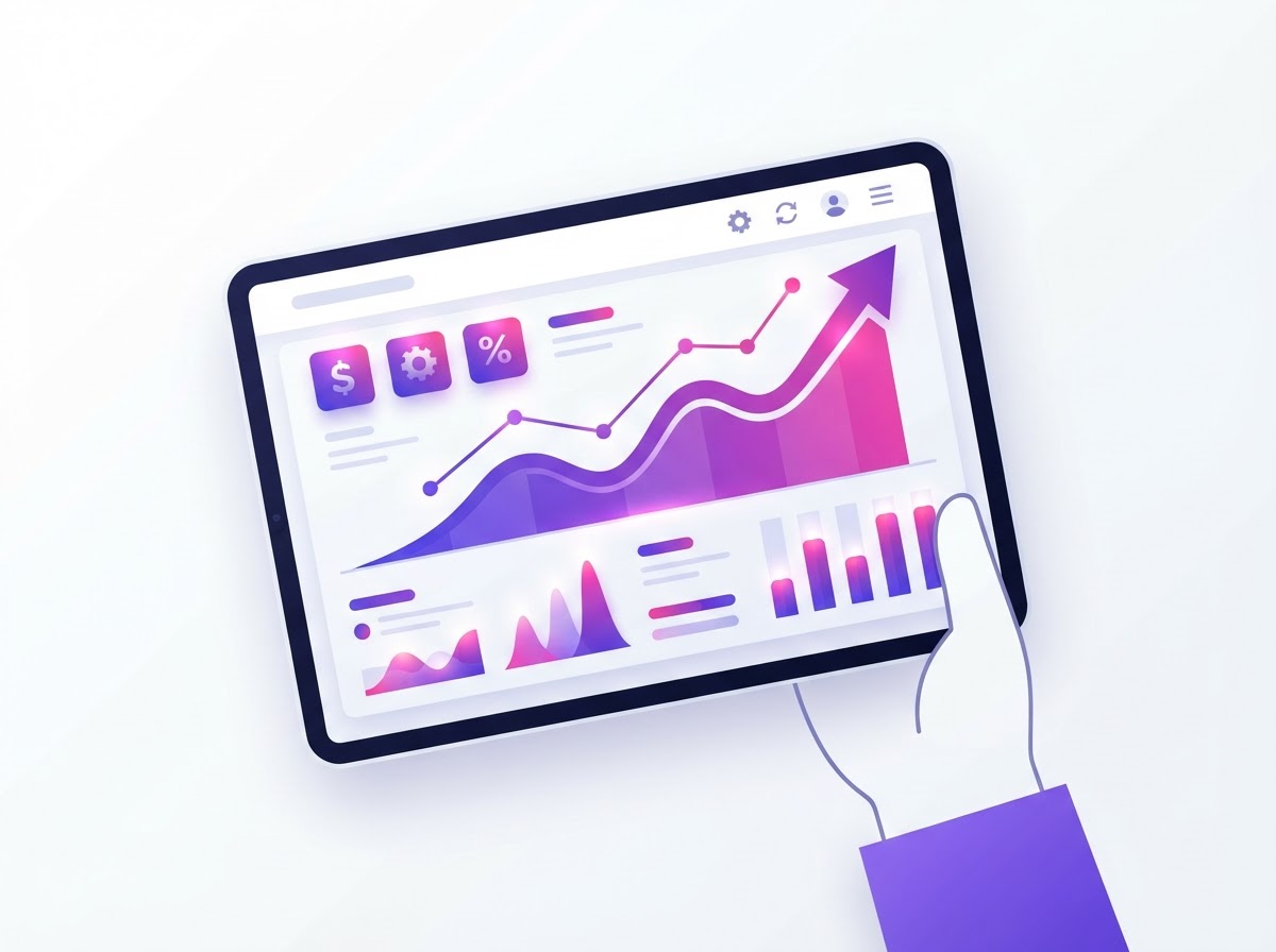 Conceptual illustration of analytics charts with an upward trend on a tablet