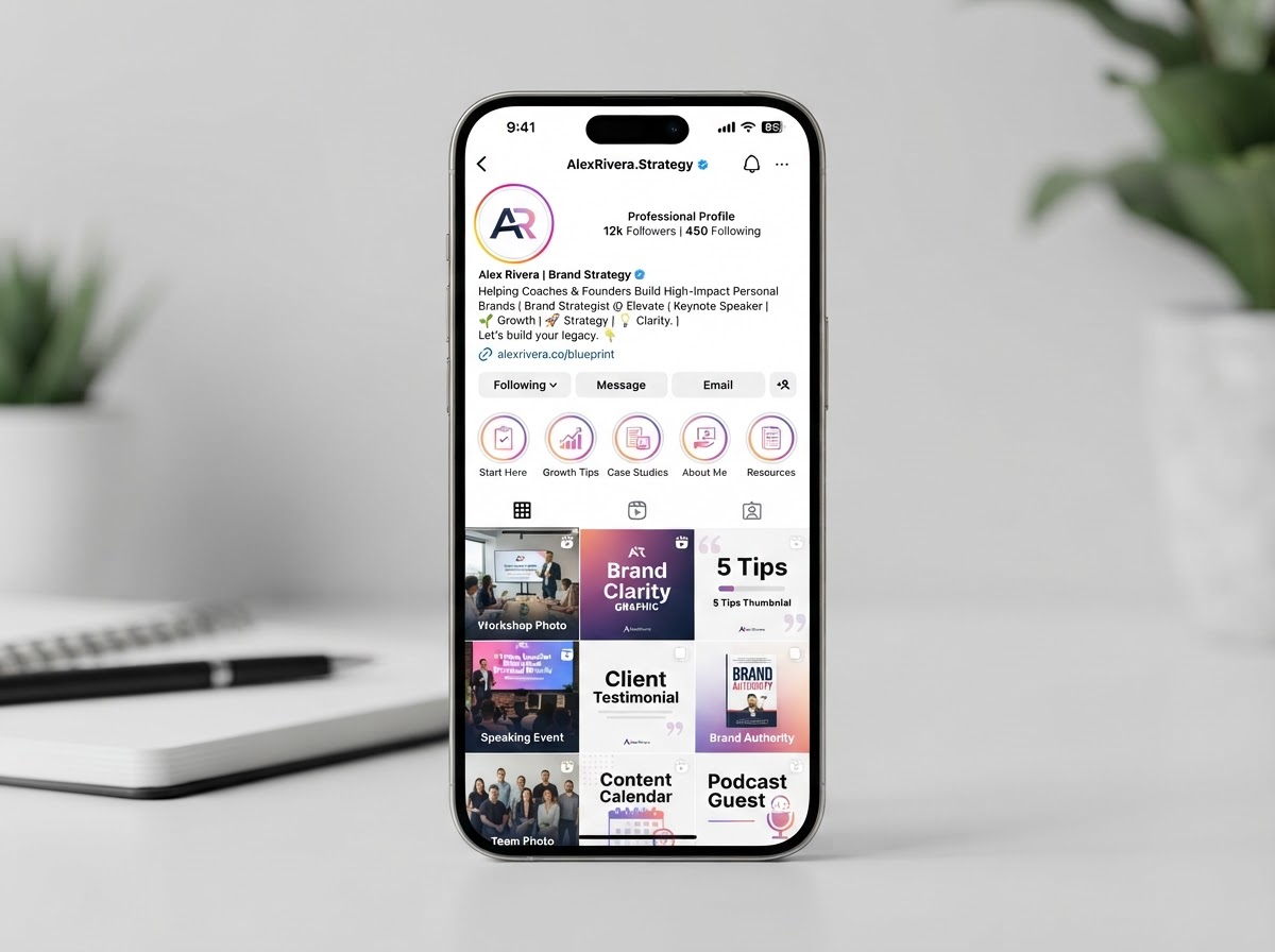 A conceptual optimized Instagram profile mockup with a clear bio, relevant content grid, organized highlights and social proof