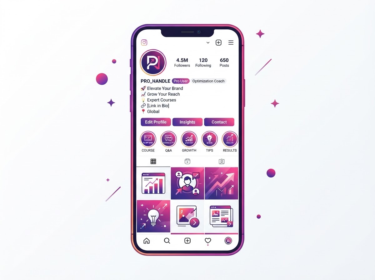 Conceptual illustration of an optimized Instagram profile with a tidy bio and grid