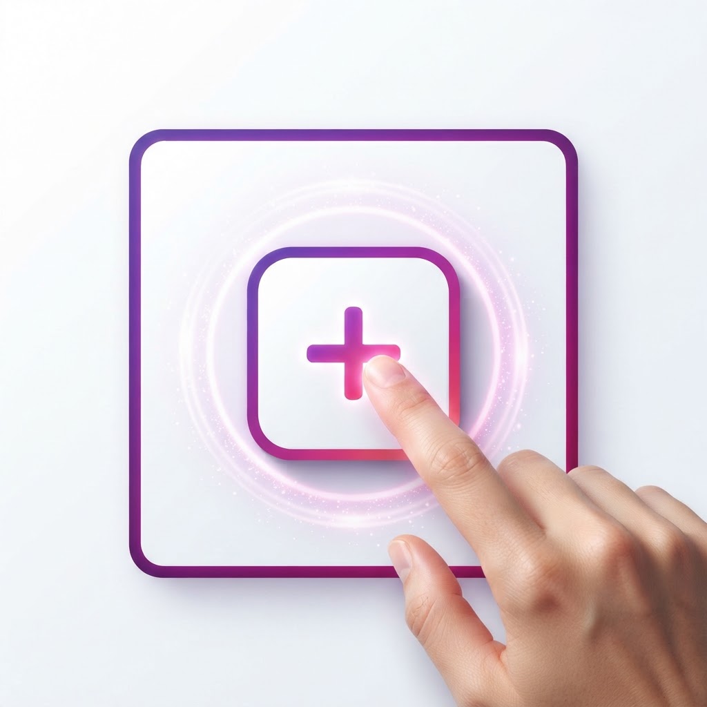 Conceptual content tile showing a follow button being tapped with a glowing ring