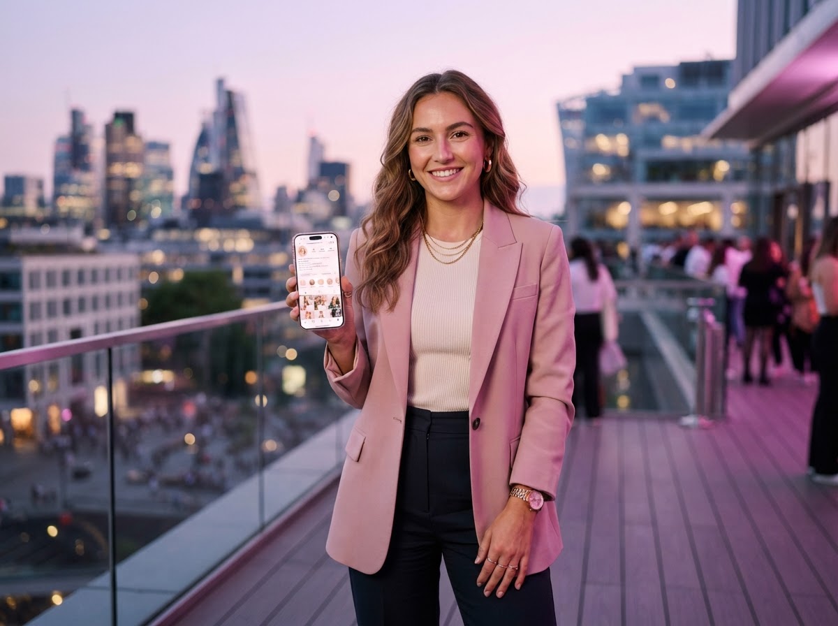 A personal-brand founder holding a phone with an Instagram feed visible, soft pink and purple gradient lighting