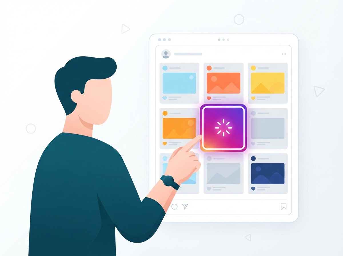 Conceptual illustration of a hand pointing at one glowing tile in a content grid