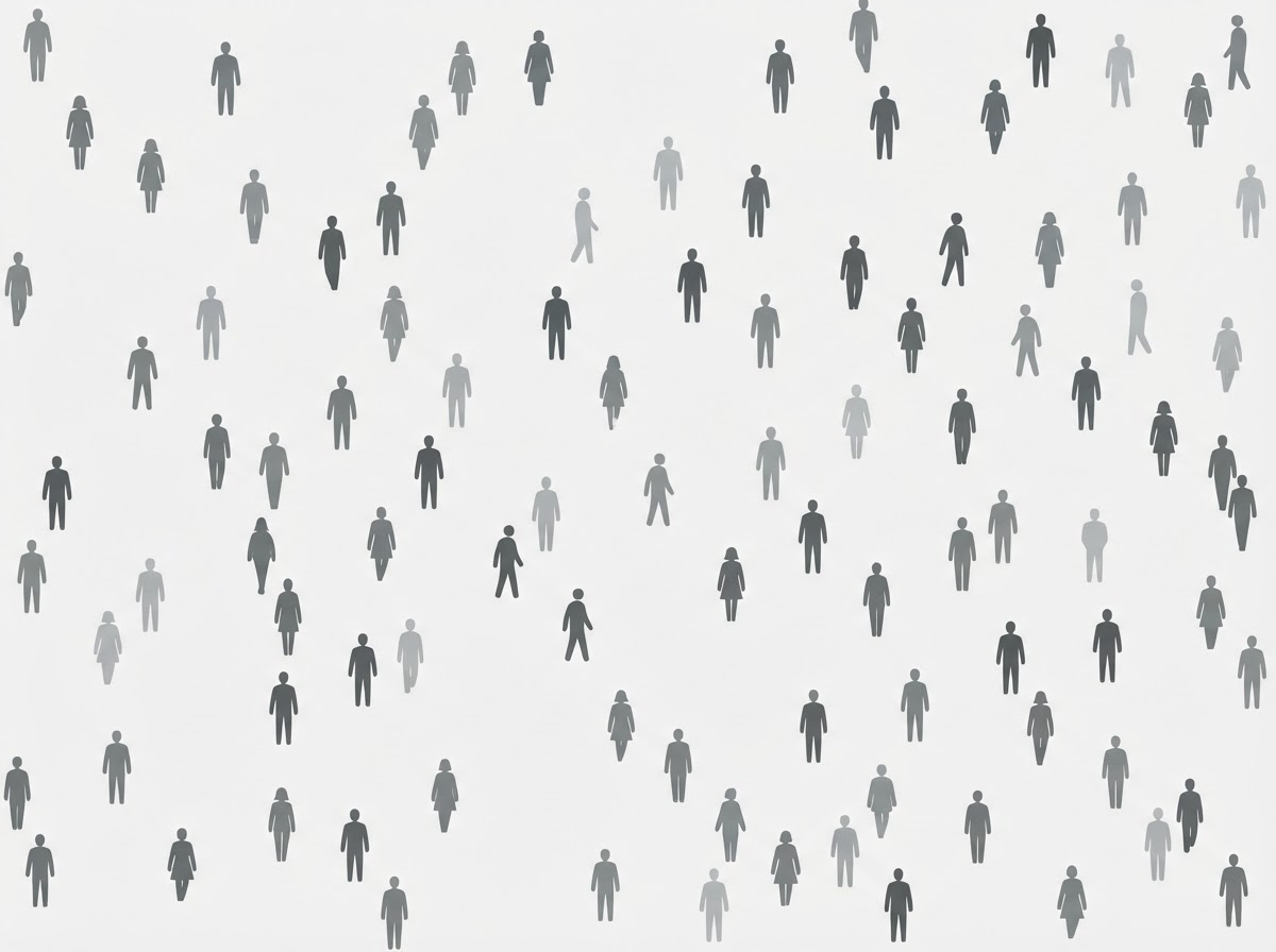 Conceptual illustration of a scattered, disengaged crowd of random followers