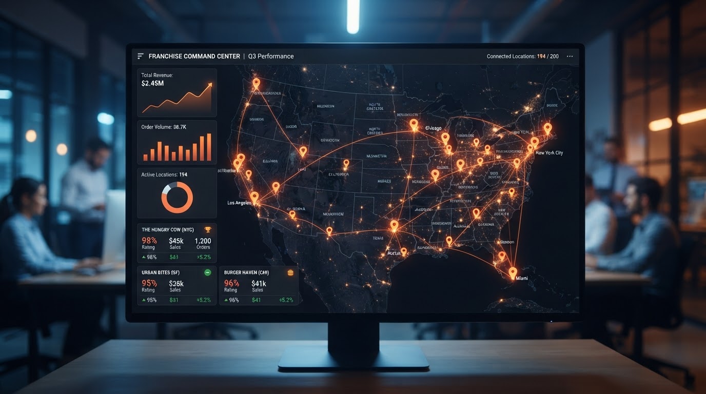 Multi-location franchise dashboard with location pins and analytics